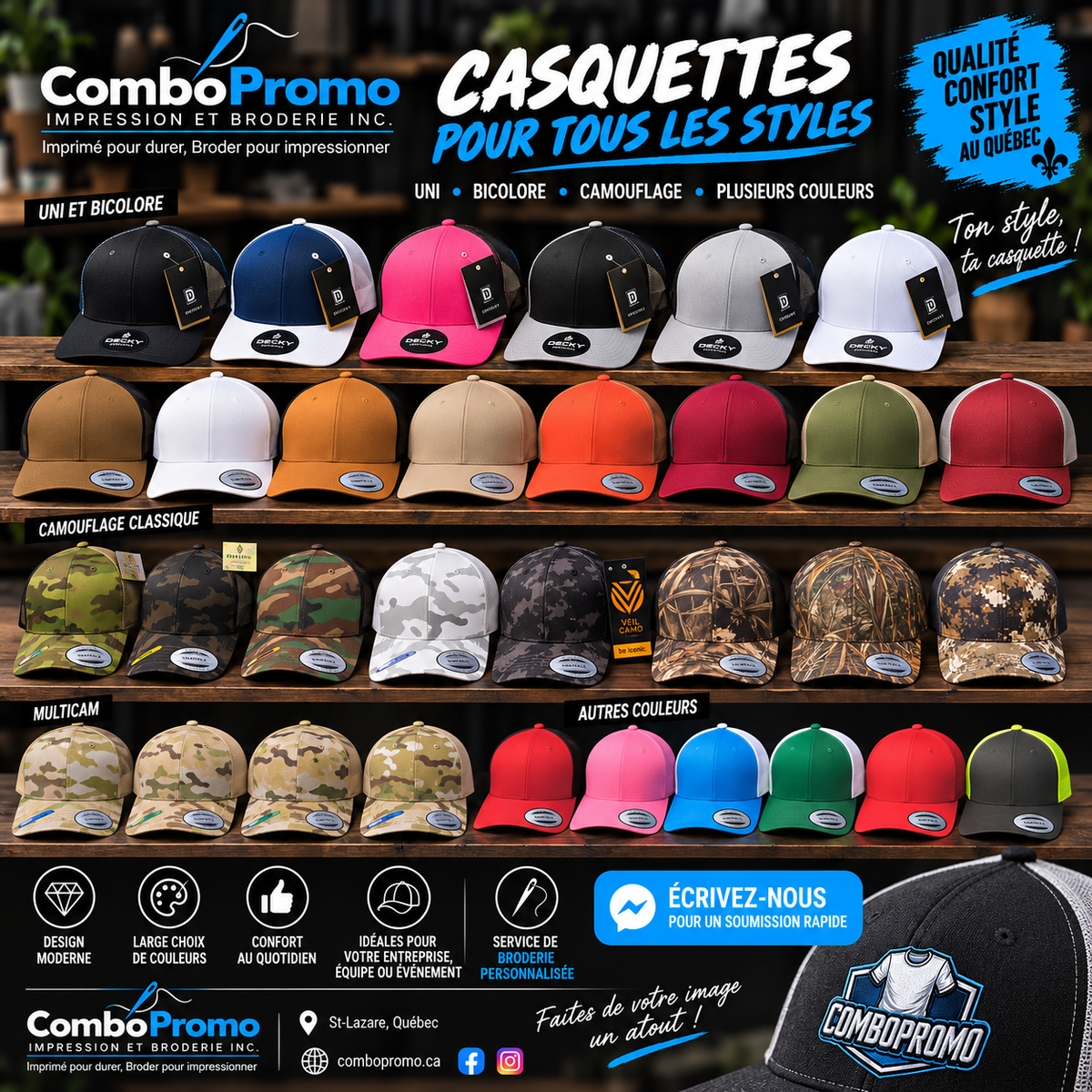 Choix de casquettes unies et camouflage à personnaliser avec un logo brodé chez ComboPromo.