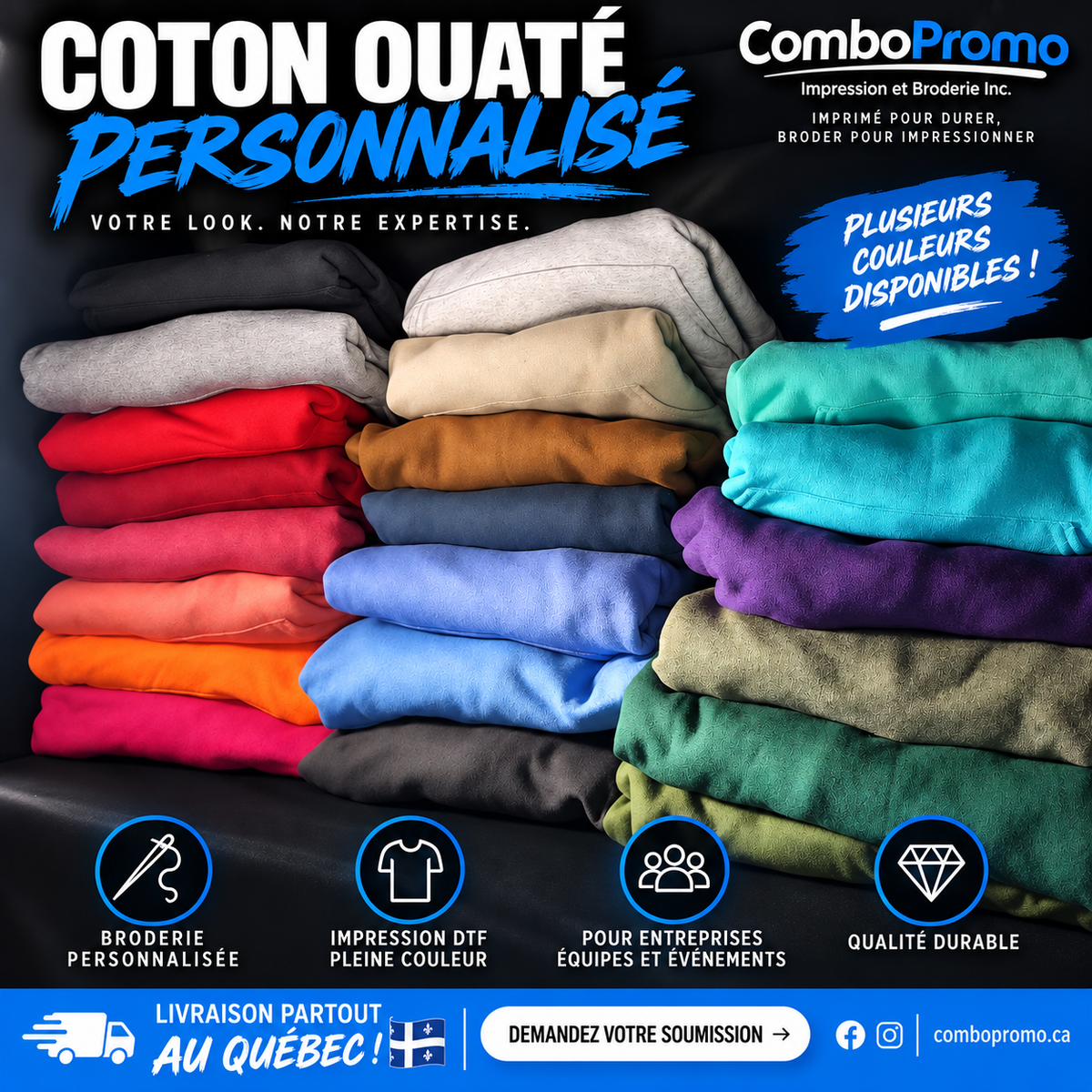 Hoodies de plusieurs couleurs à personnaliser en broderie ou impression DTF chez ComboPromo.