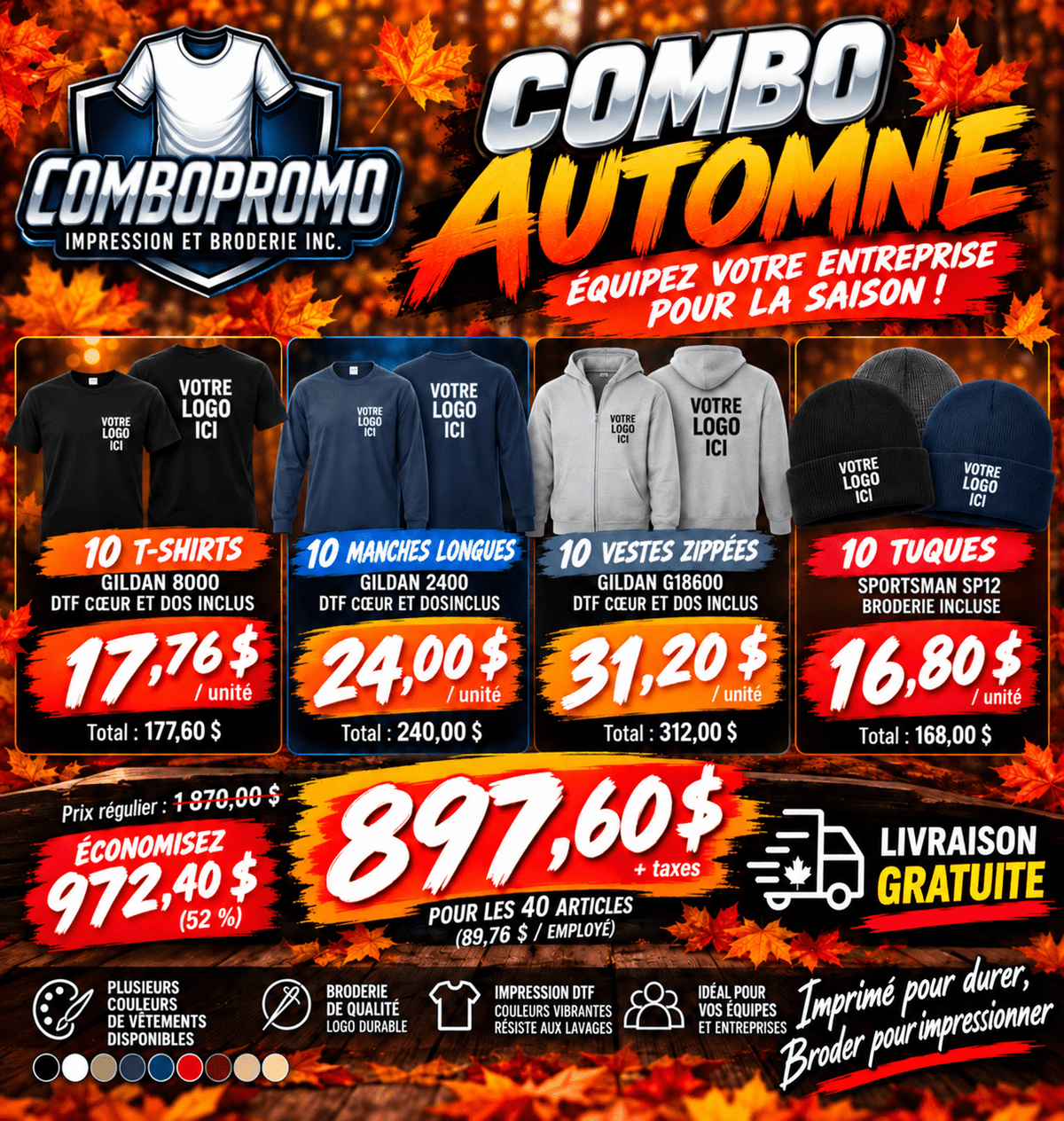 Combo automne vêtements personnalisés pour entreprise - ComboPromo Impression et Broderie Inc.